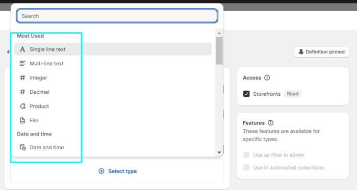 Select Shopify metafield type
