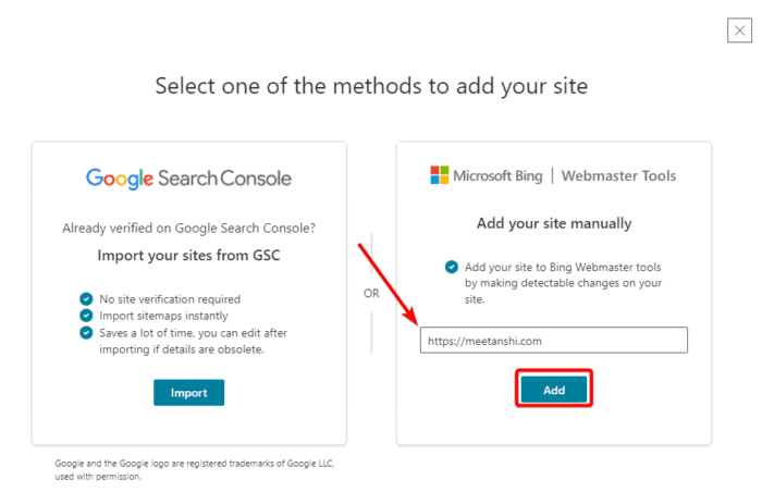 add domain name to set up Bing Wemaster Tools