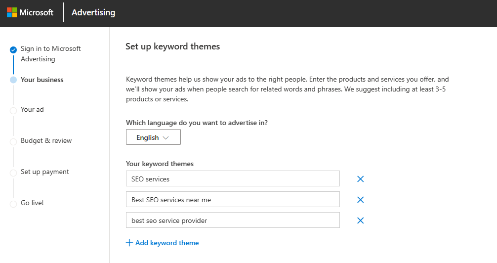 Microsoft Advertising: Add your keywords 