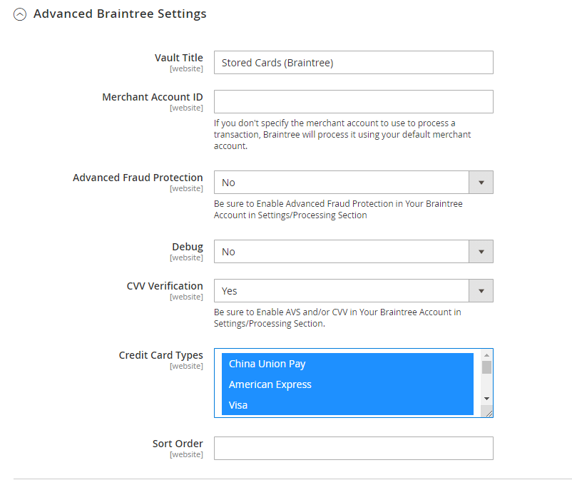 Advanced Braintree settings