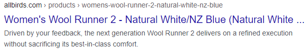 Allbirds - Product page Title and meta description example