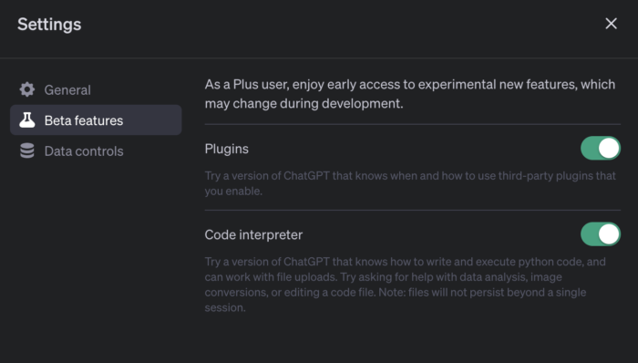 ChatGPT Beta Features in Settings