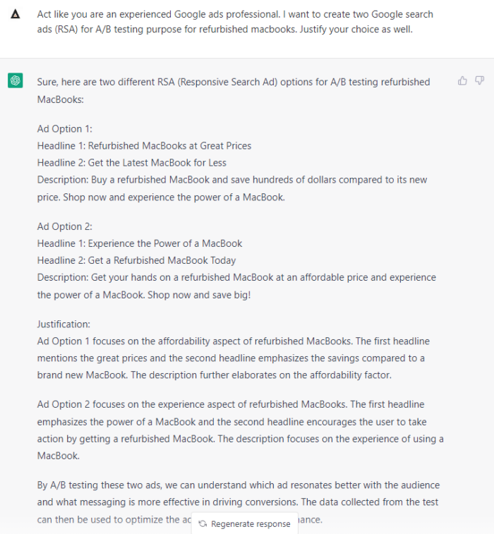 ChatGPT for Google Ads/PPC AB Testing