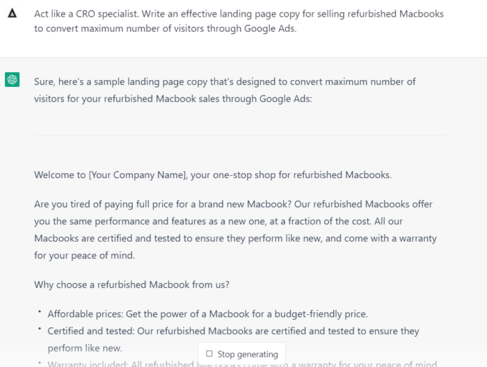 ChatGPT for landing page copy
