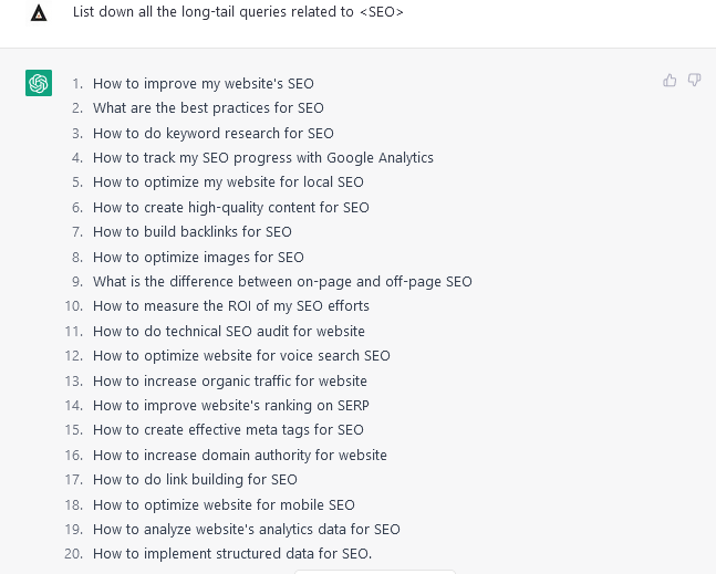Find long tail keywords using ChatGPT Prompt for SEO