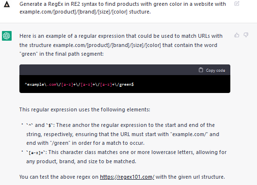 Generate RegEx code using ChatGPT for SEO - ChatGPT Prompts for SEO