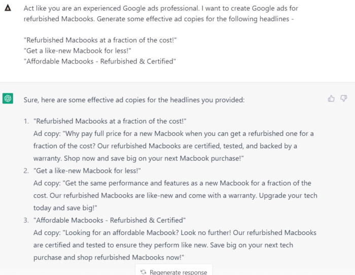 ChatGPT to generate ad copies for PPC