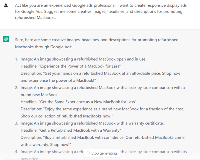 ChatGPT to generate responsive display ads ideas