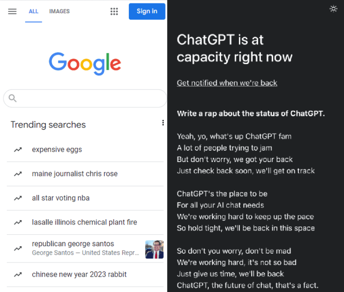 ChatGPT vs Google - ChatGPT is at capacity right now