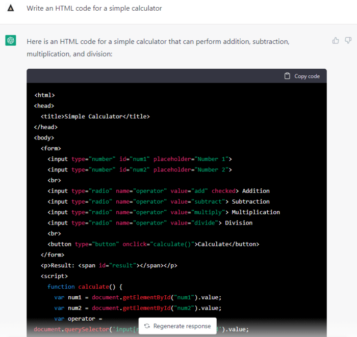 Example of ChatGPT to create an HTML calculator