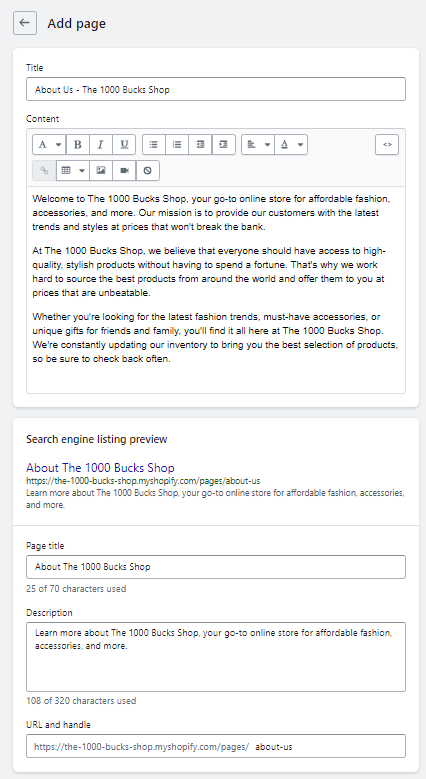 Enter page details in Shopify