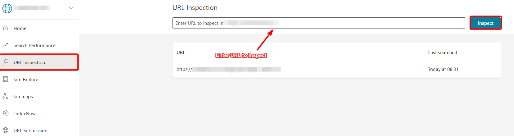 Enter URL in Bing Webmaster Tools for Inspection