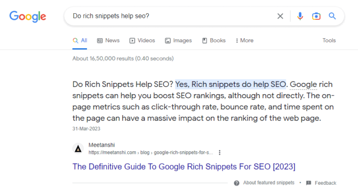 Example of Google featured snippet