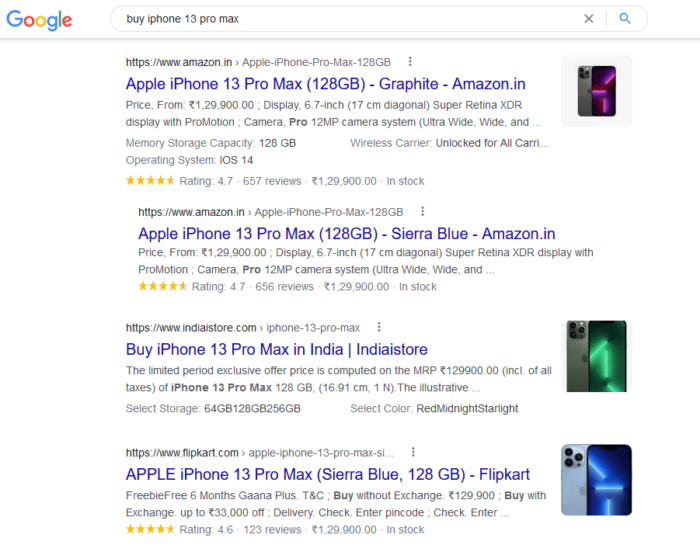 Google rich snippet example - Products