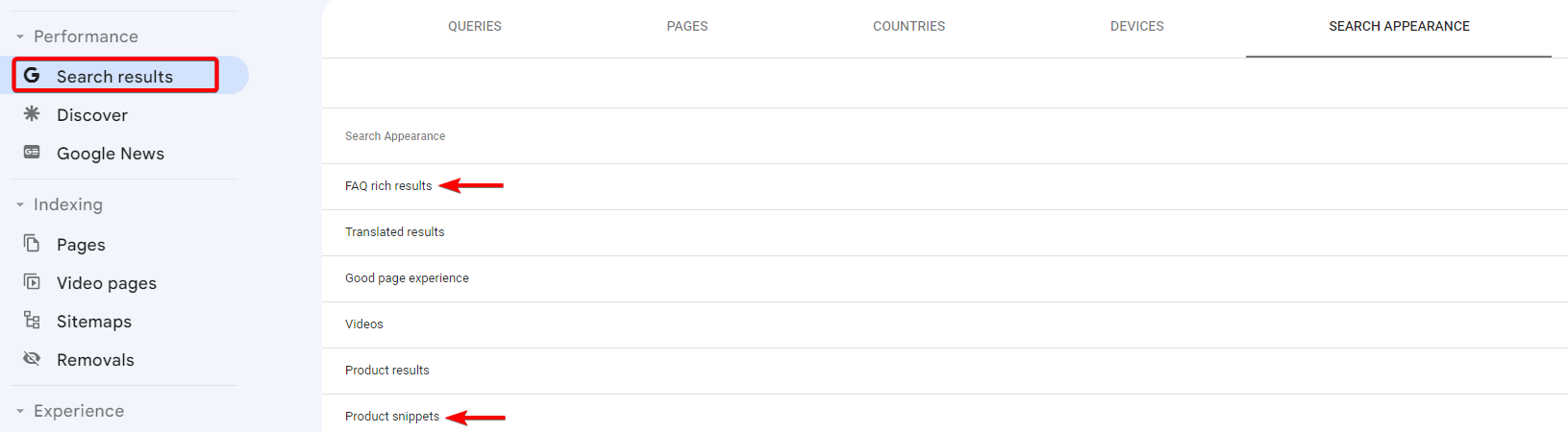 Filter performance report by appearances in google search console