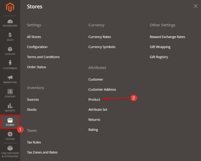 Go to stores attributes products
