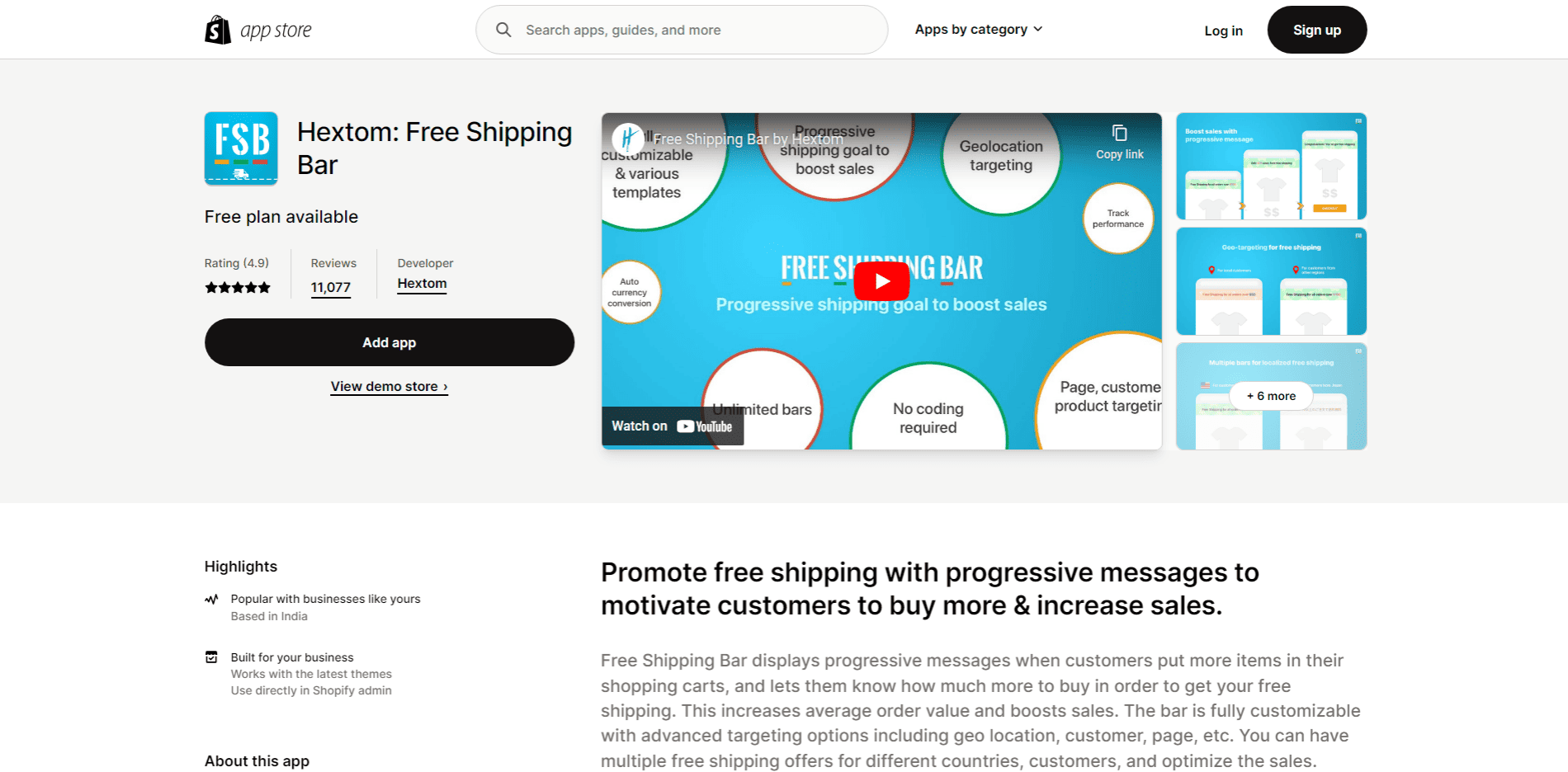 Hextom free shipping bar - one of the most popular shopify apps