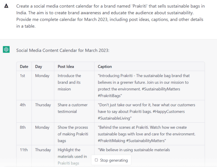 ChatGPT for social media marketing content calendars