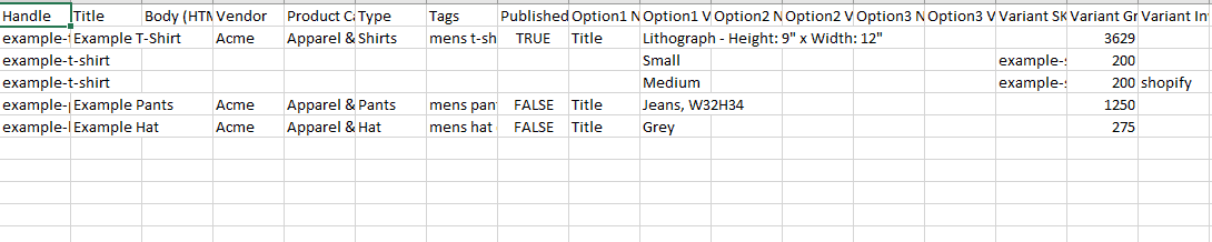 Screenshot of Excel File of Shopify Sample Product CSV File