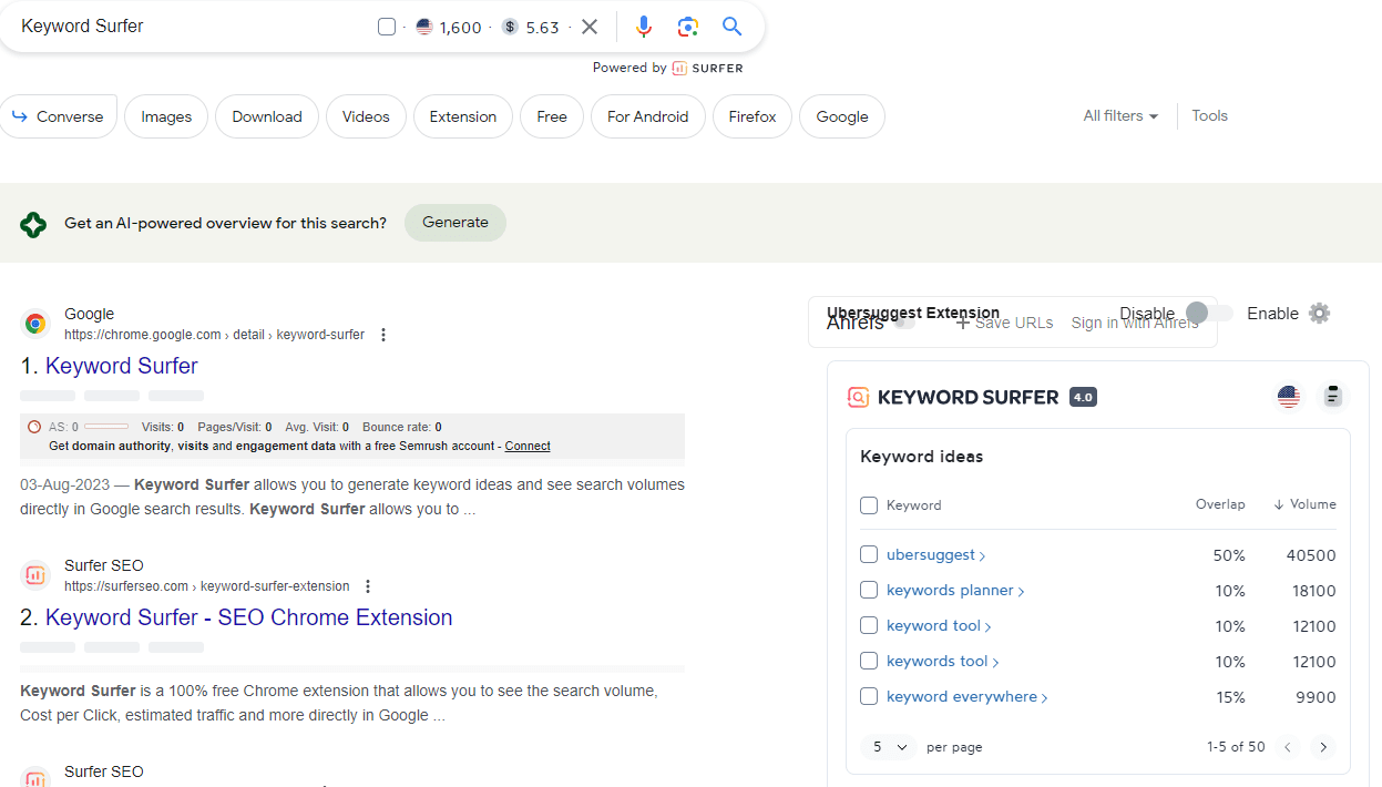 Keyword Surfer Chrome extension for SEO