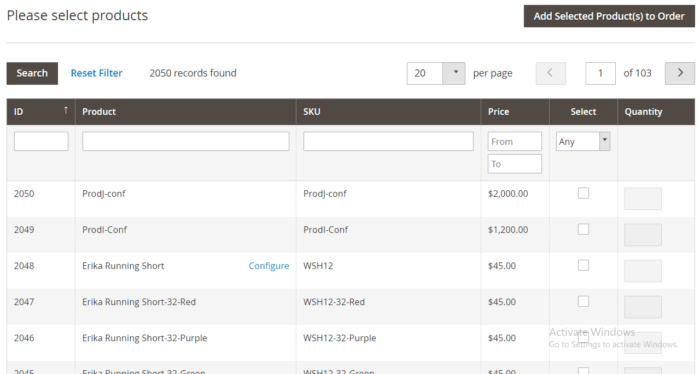 Products grid in create order section in Magento 2