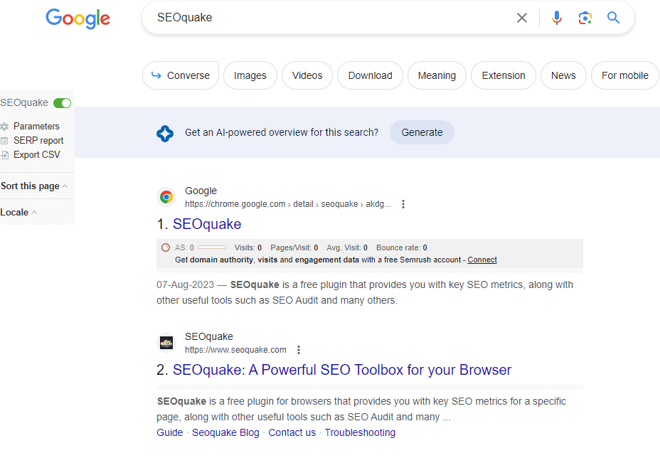 SEO Quake Chrome extension for SEO