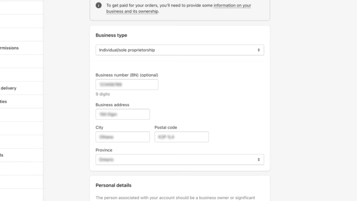 Enter Business Details to Set Up Shopify Payments