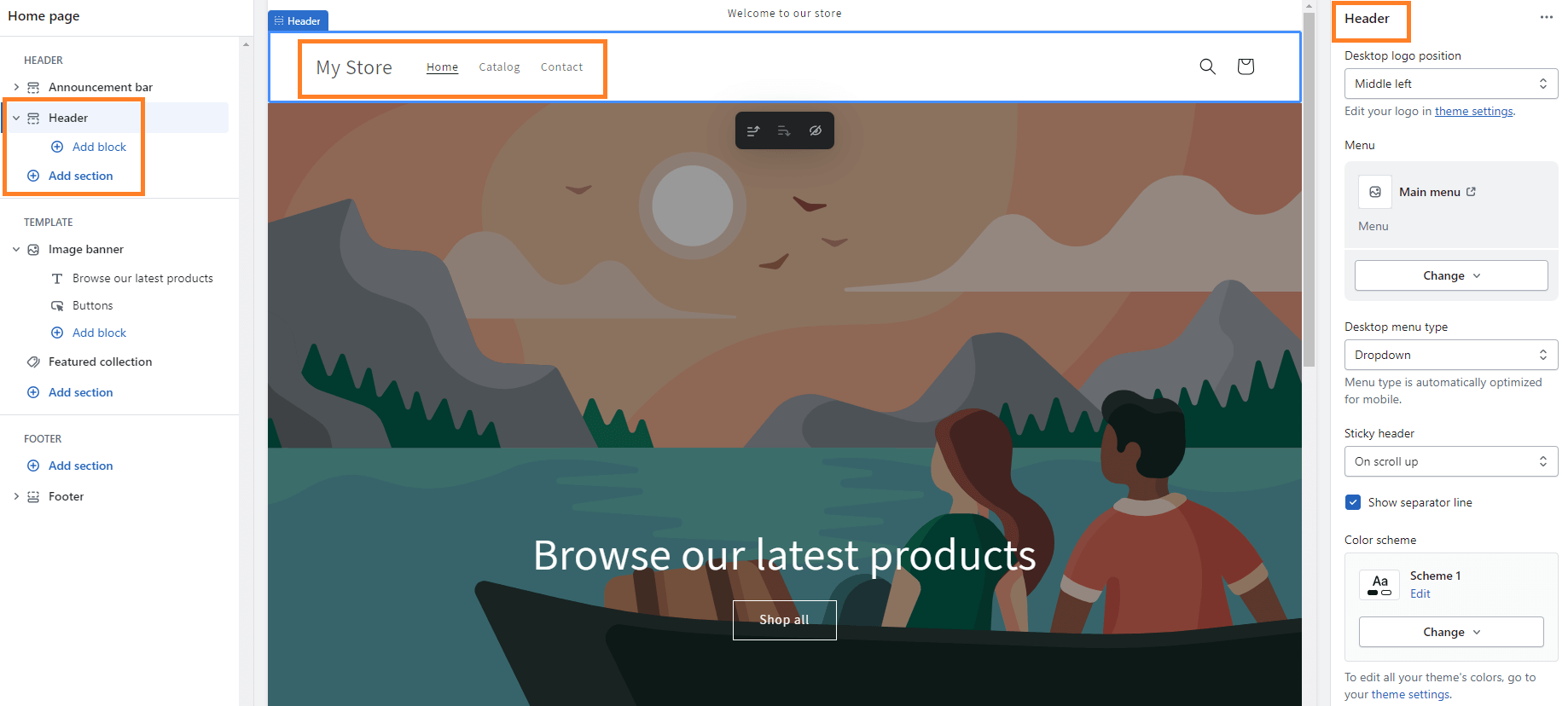 Edit homepage in Shopify - Header 