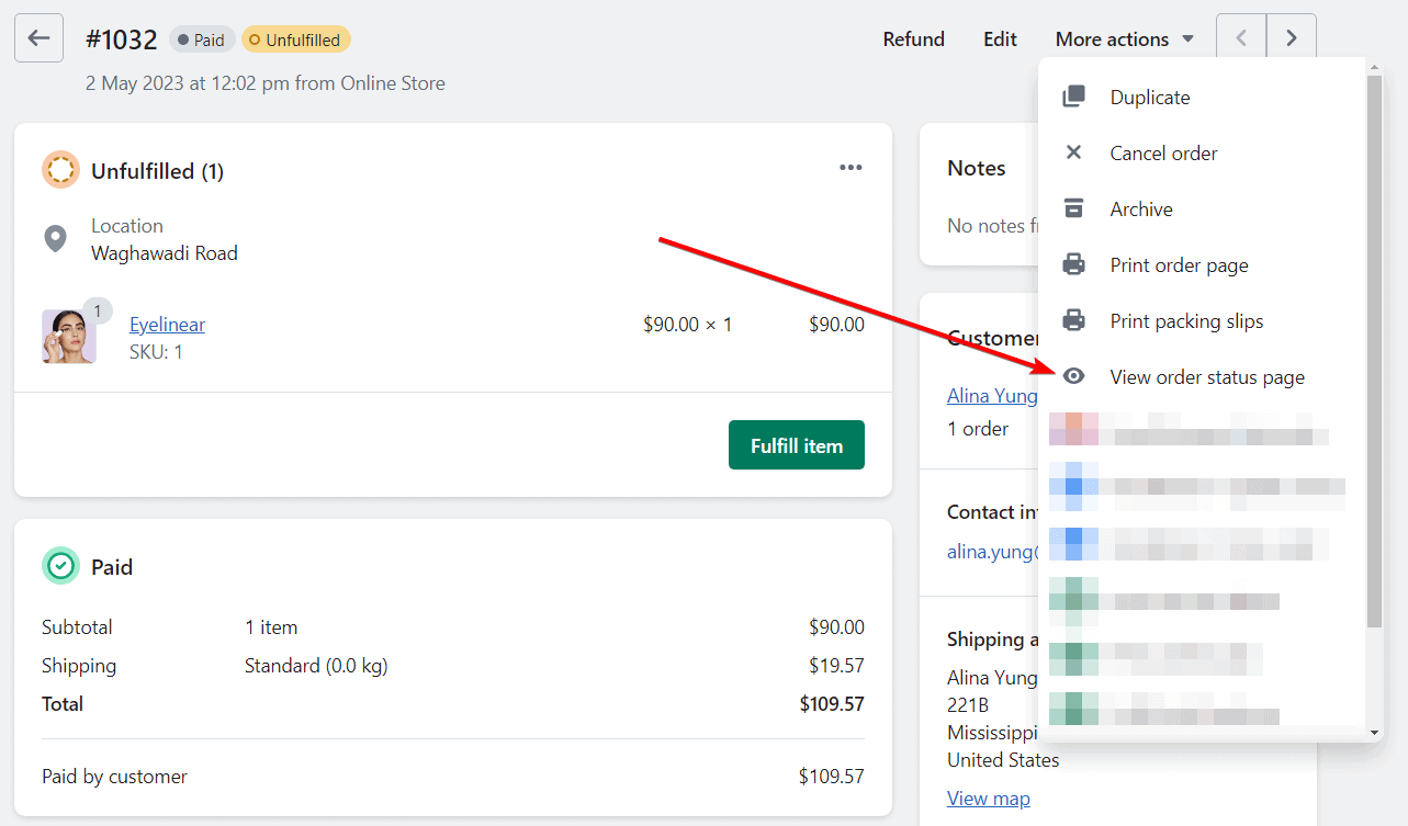 Shopify order status page from admin