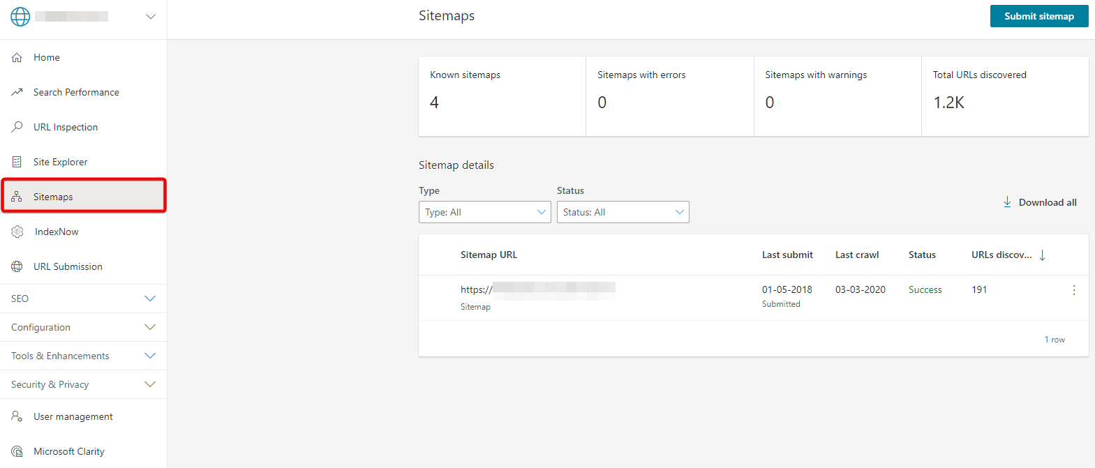 Sitemap in Bing webmaster tools