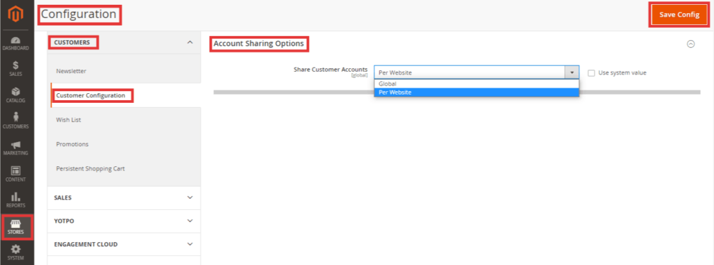 Configure Customer Account Scope in Magento 2