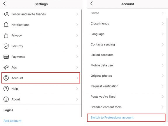 Switch to professional Instagram account