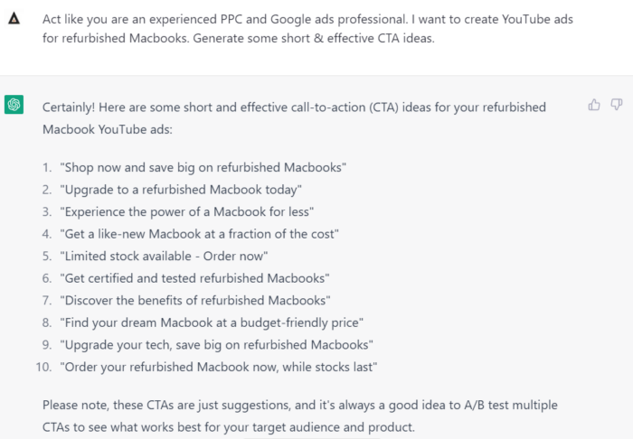 Using ChatGPT for Google Ads PPC CTAs