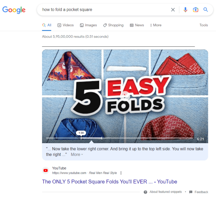 Video featured snippet on Google