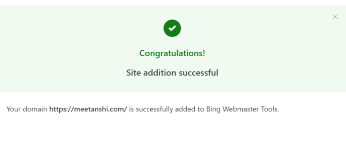 Website successfully verified in Bing Webmaster Tools