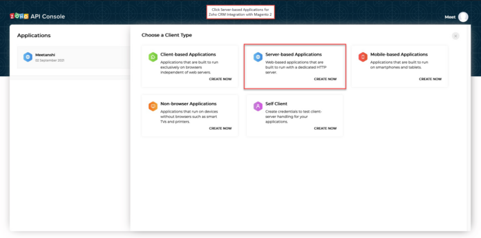 Integrate Zoho with Magento 2 - Zoho API Console Choose Type