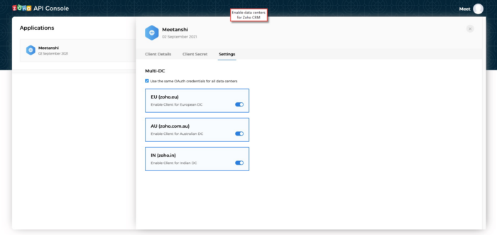 Zoho API Console - Settings