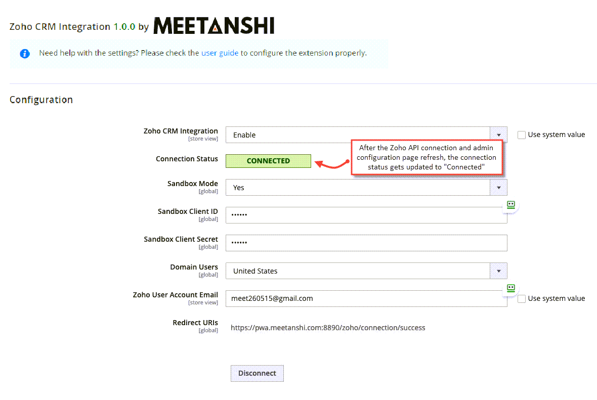 Zoho CRM with Magento 2 - Connection Status